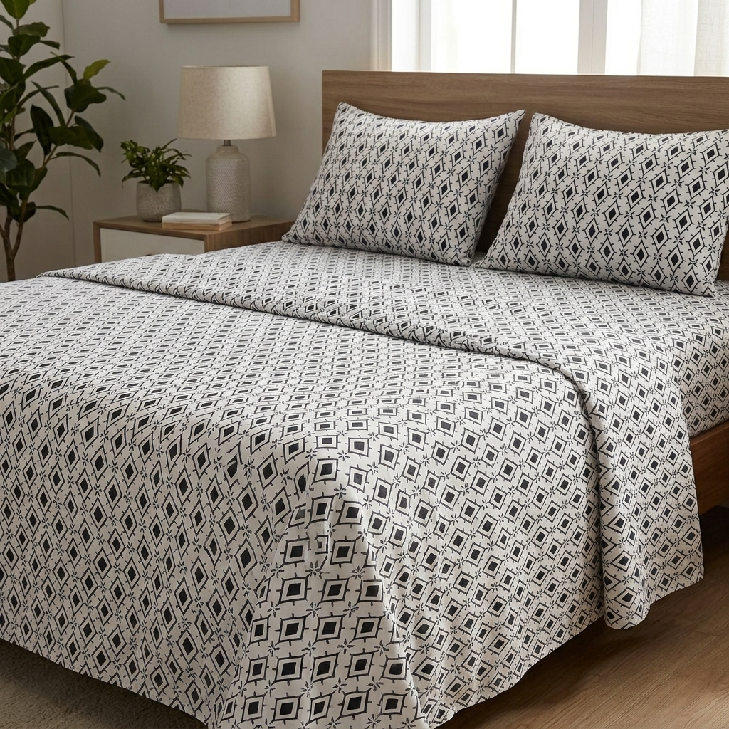 Soft Cotton Diamond in black 3 Pcs Printed Bedsheet Set