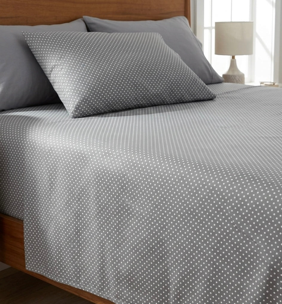 Cotton Grey polka dot 3 Pcs Printed Bedsheet Set