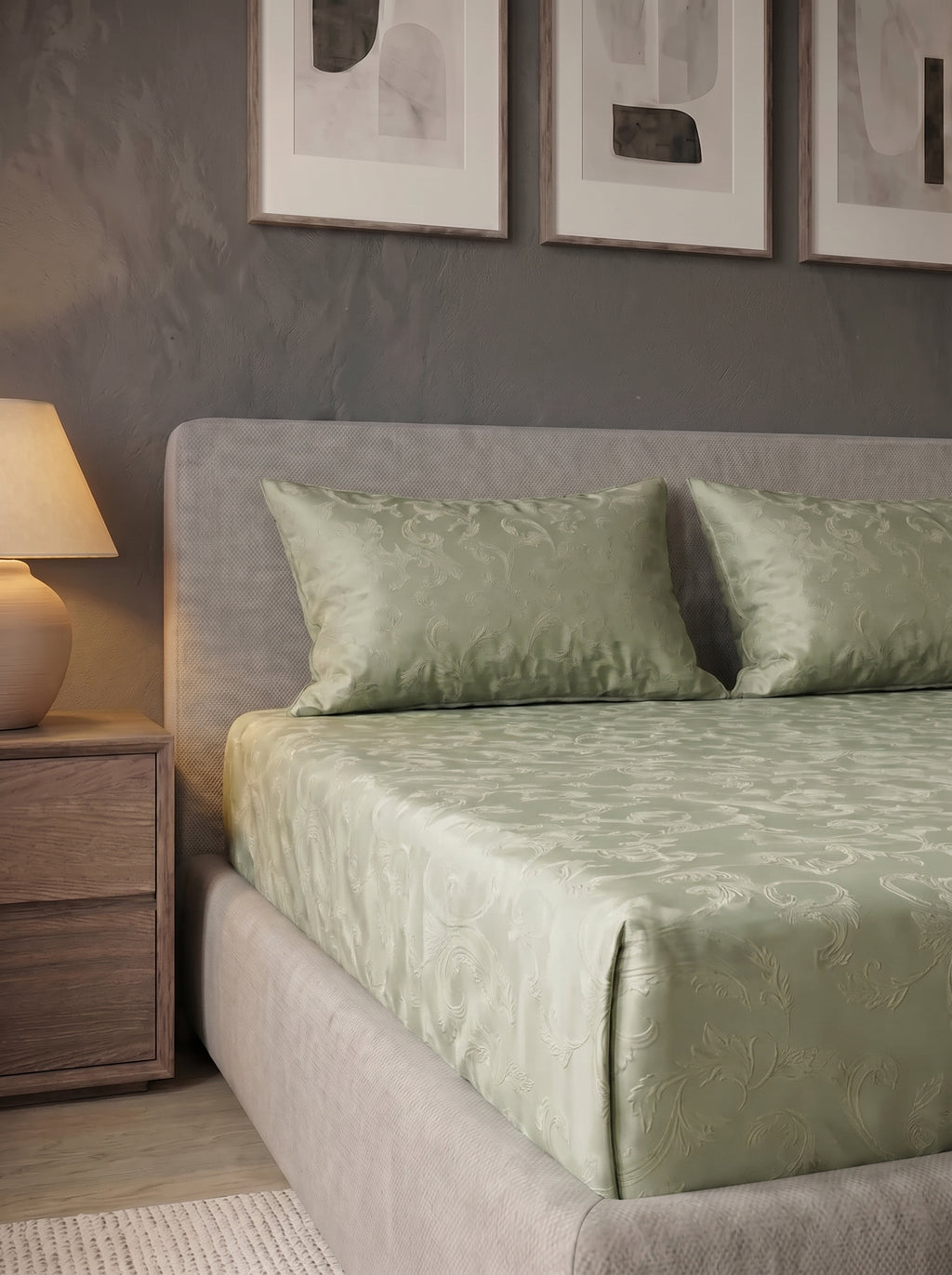 Fitted green bedsheet self print 3pcs - left view