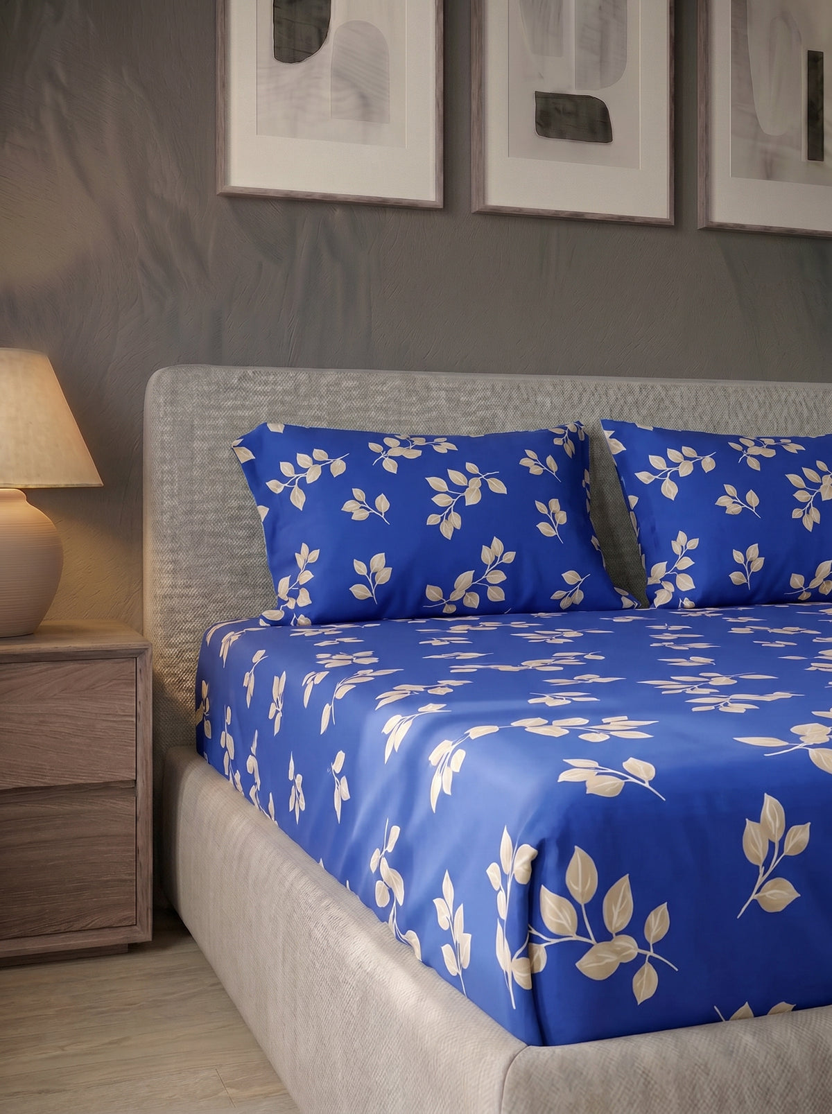 Royal Blue Leaf Sprig Cotton BedSheet 3pcs - left view