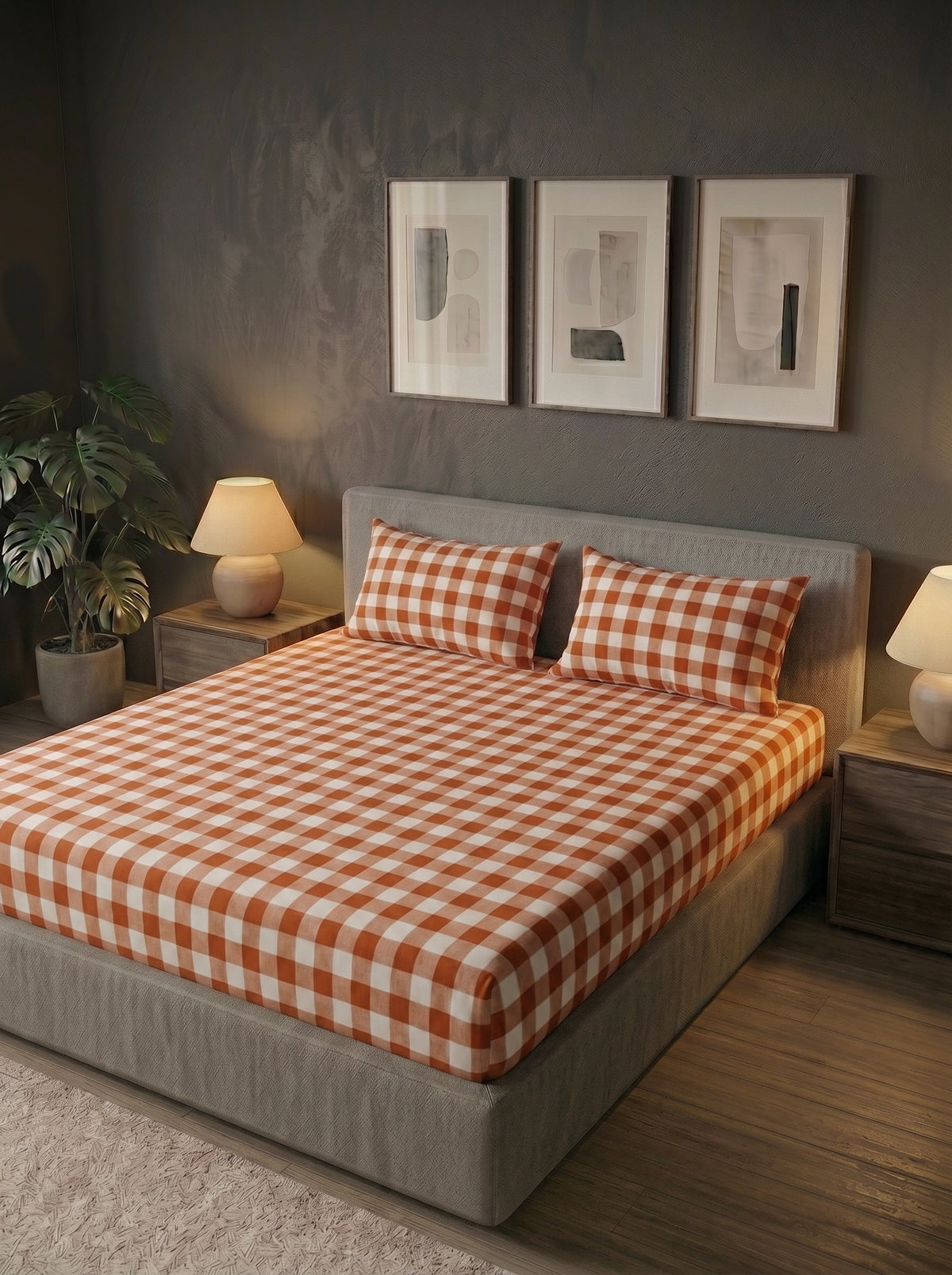 Rust Buffalo Check Cotton BedSheet Cotton BedSheet 3pcs - top view