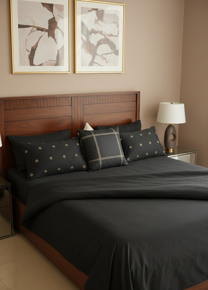 Black Embroidered Cotton Satin 6 piece Set