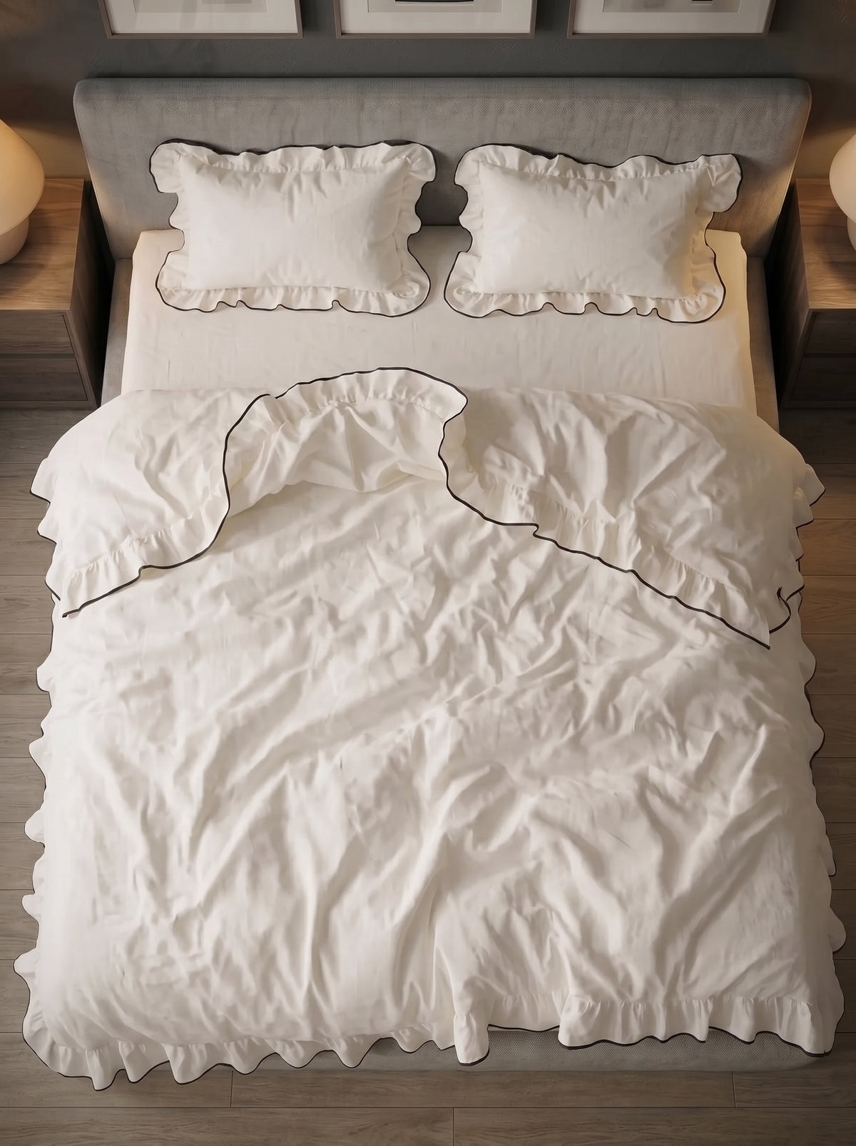 Cream Ruffle Black Border Bedsheet Set - 05-top