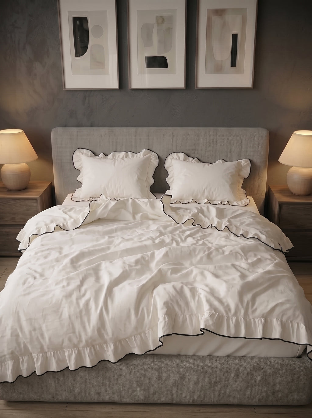 Cream Ruffle Black Border Bedsheet Set - 07-extra