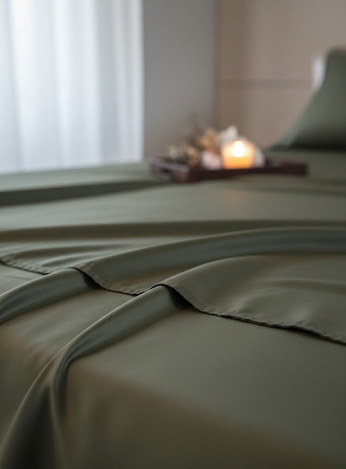 Olive Whisper Cotton Satin Line Pillows Bedsheet