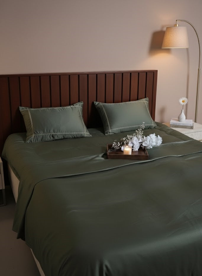 Olive Whisper Cotton Satin Line Pillows Bedsheet