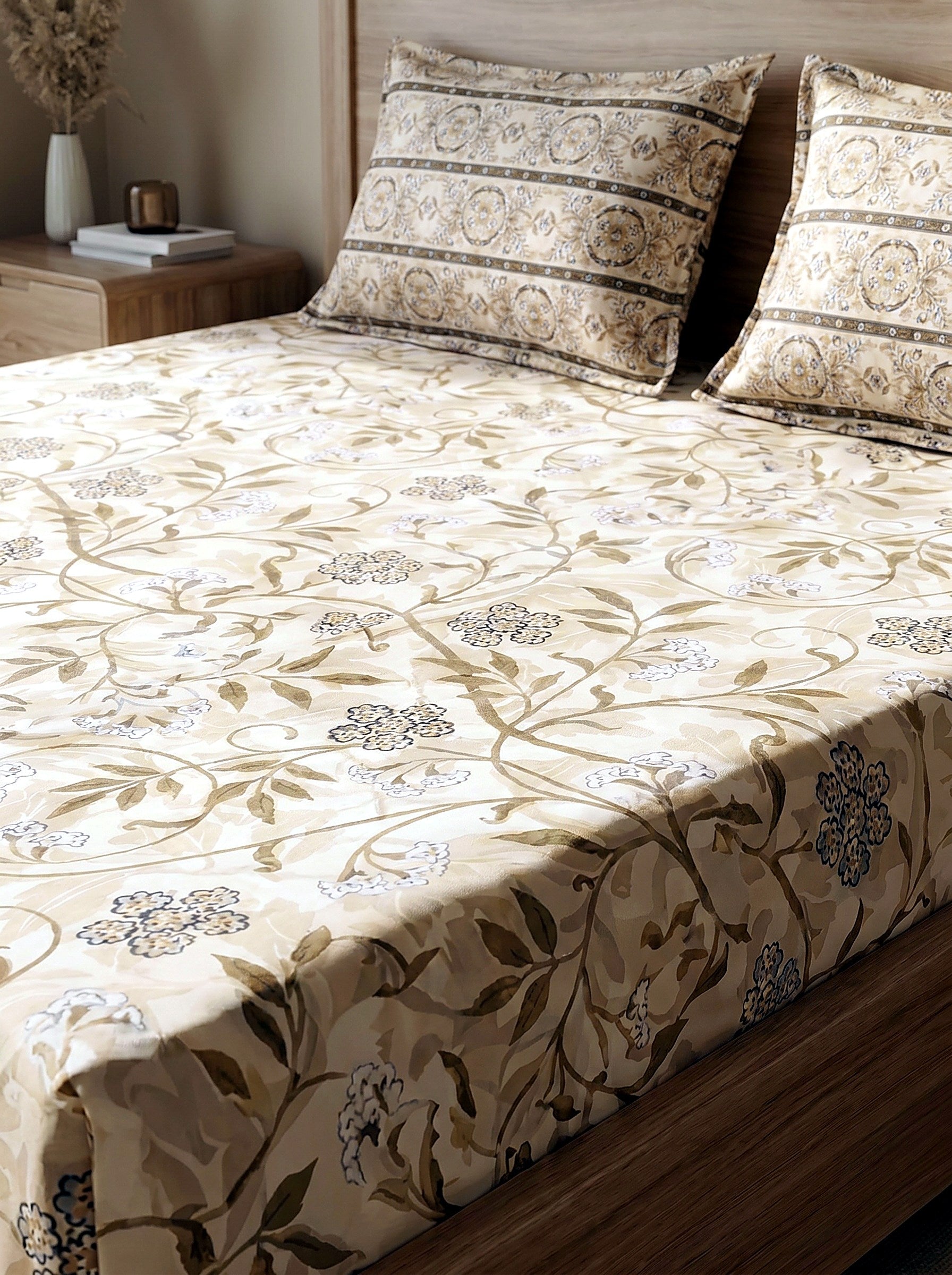 Heritage Vine Printed Cotton King Bed Sheet Set