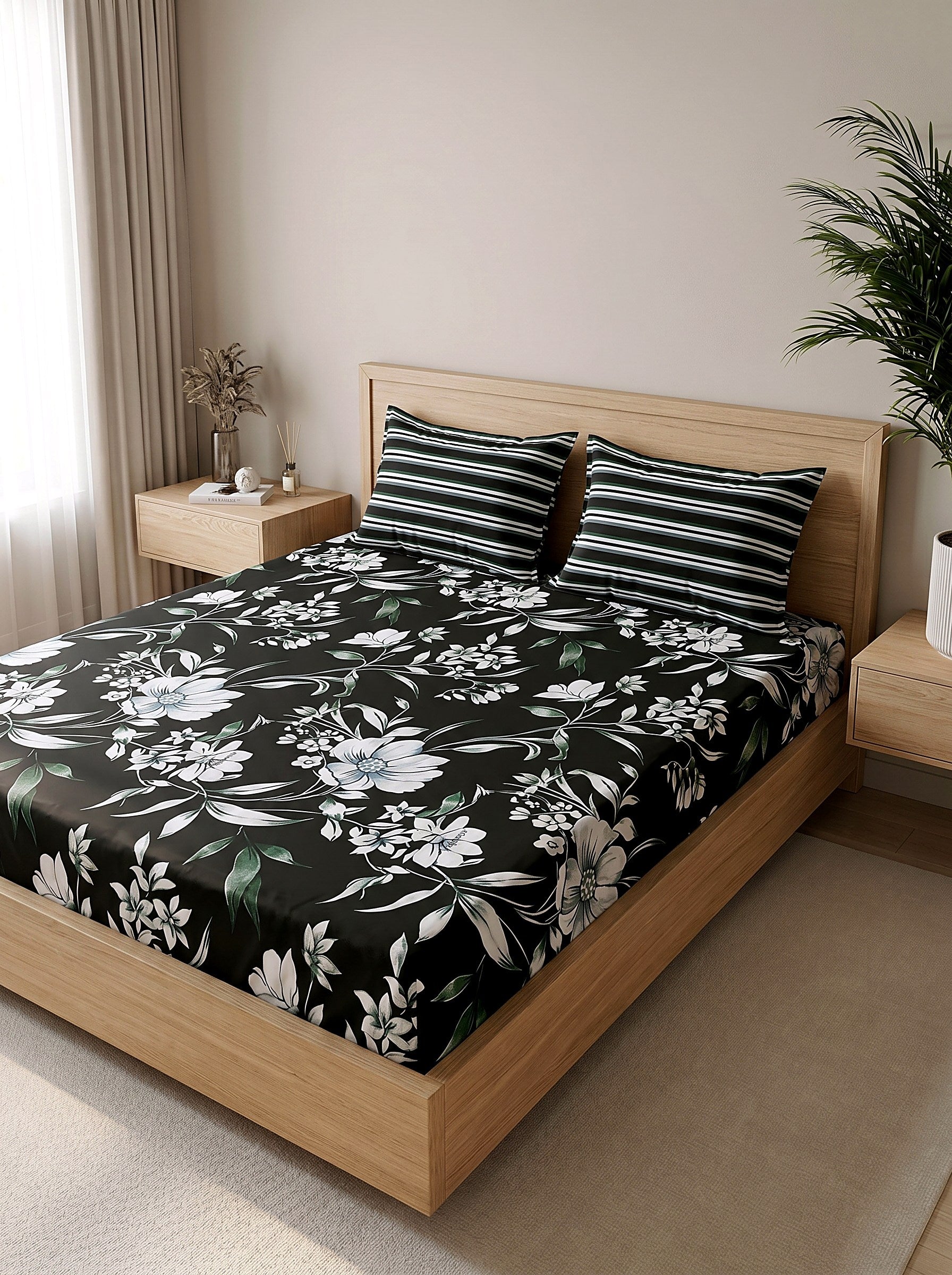 Noir Bloom Printed Cotton King Bed Sheet Set