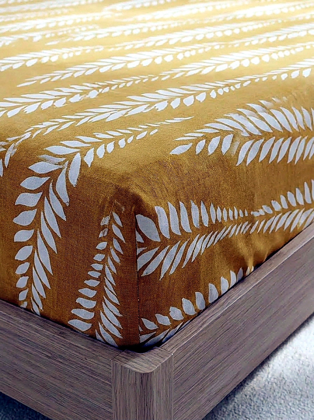Saffron Fern Printed Cotton King Bed Sheet Set