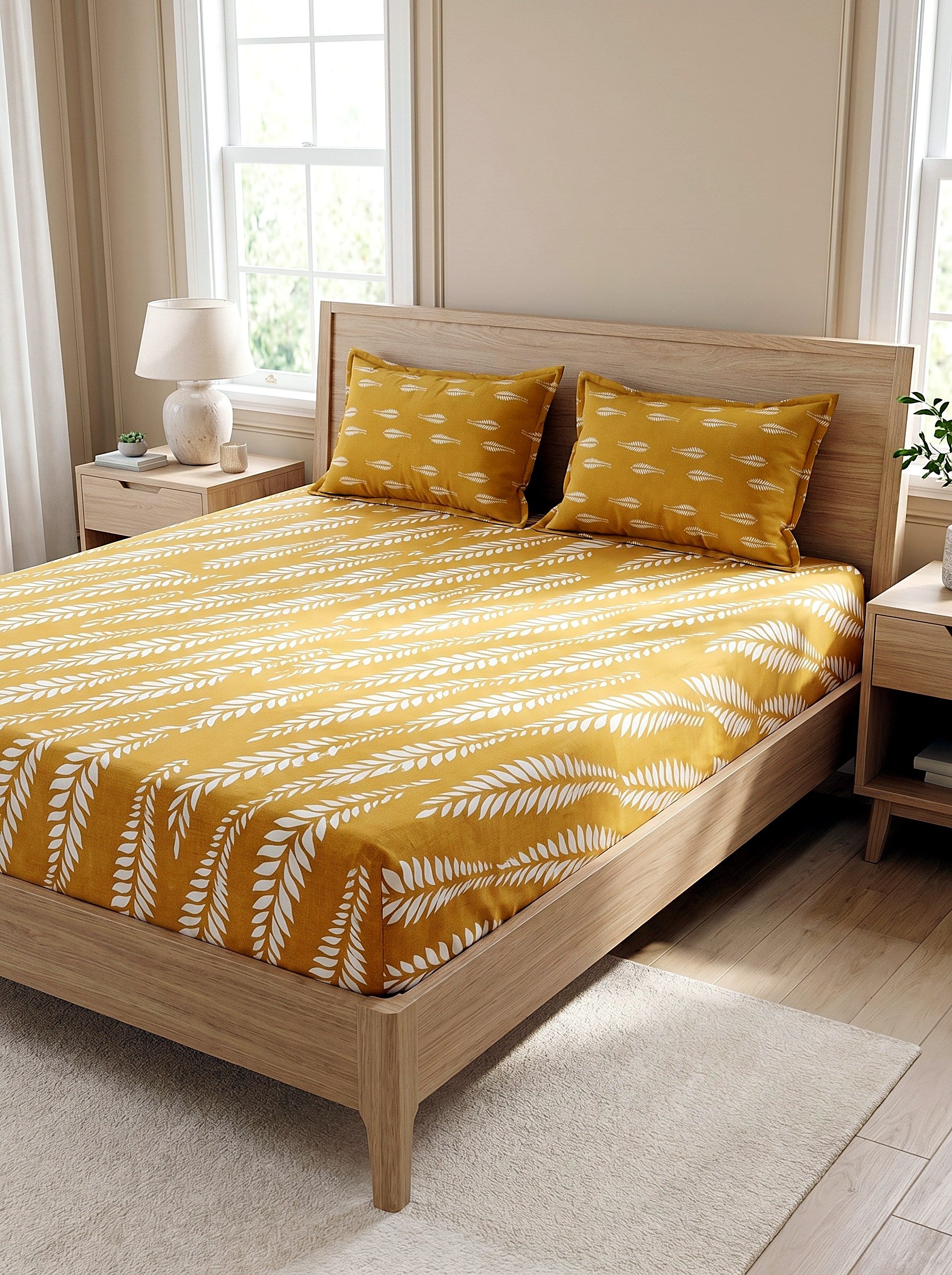 Saffron Fern Printed Cotton King Bed Sheet Set